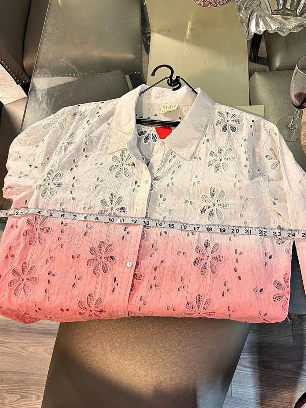 Sure Gypsy Floral Eyelet Ombre Shirt Pink & White Size Large - Picture 3 of 6